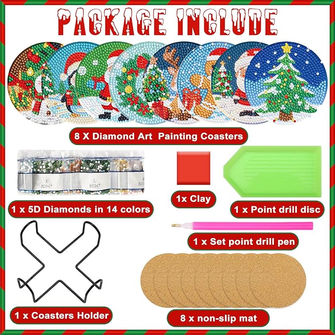 UPINS 8 Pcs Christmas Diamond Art Coasters,Christmas Themed Coasters with Holder Craft Supplies for Holiday Decor Gifts