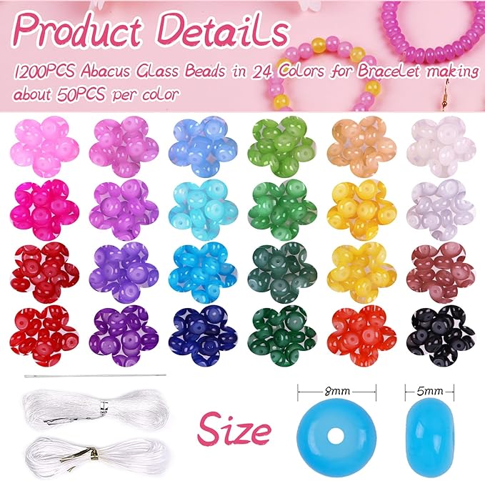 1250pcs Abacus Glass Beads for Jewelry Making, 5x8mm Crystal Rondelle Beads for Bracelets, 24 Colors Bracelet Making Kit with Gemstone Rondelle Spacer Beads for DIY Jewelry Crafts Gifts (2 Box)