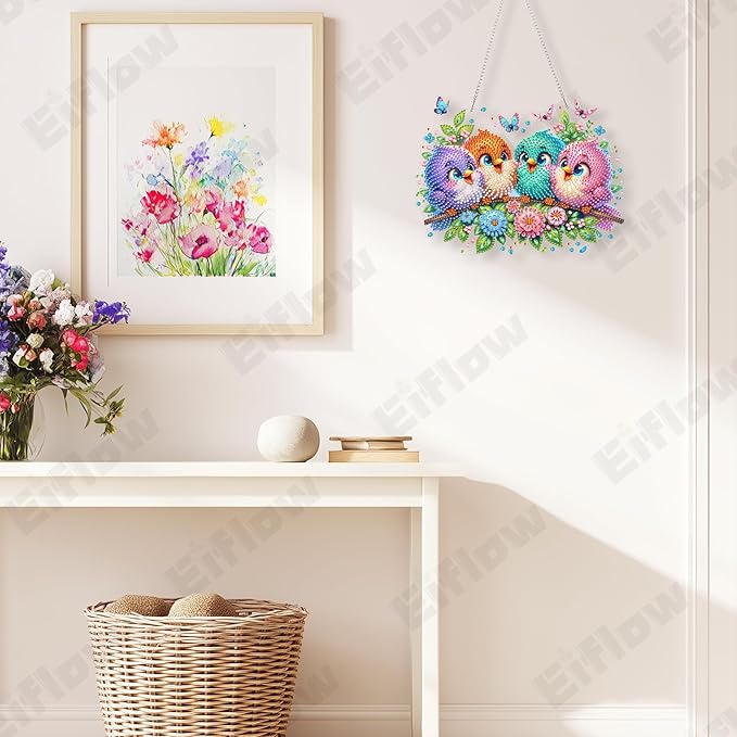 Eiflow Acrylic Diamond Art Hanging Kit for Adults, DIY Diamonds Painting Door Hanging Board Kit, Special Crystal Diamond Art Painting Pendant Ornament (Birds)