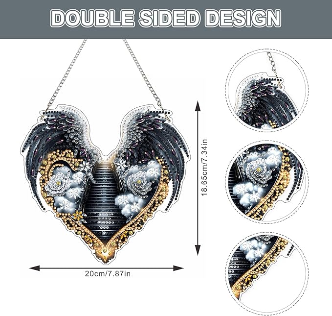 Lxmsja DIY Angel Wings Diamond Painting Hanging Ornament, Double-Sided Acrylic Stairway to Heaven Diamond Art Kit, Special Shaped Suncatcher Hanging Pendant Window Art Kit 7x8 inch