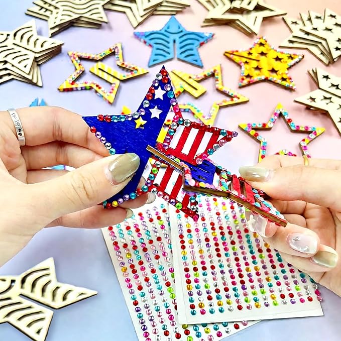 KitsyKraft 32-Piece Wooden 3D Star Crafts Kit – 16 Pair Star-Themed DIY Wooden Blank Ornaments with 2 Diamond Stickers, Unfinished Wood Cutouts for Home Decor or Creative Projects