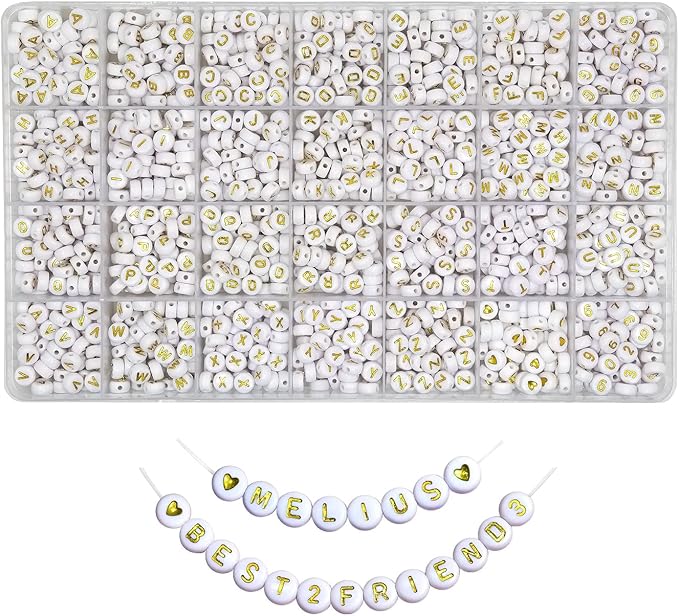 Melius Acrylic Gold Letter Beads, 1450 Pcs 4x7mm Round Alphabet Beads in 28 Grid Box for Jewelry Making, DIY Bracelets, Necklaces, Key Chains, Bracelets