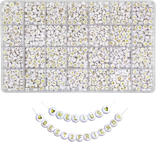 Melius Acrylic Gold Letter Beads, 1450 Pcs 4x7mm Round Alphabet Beads in 28 Grid Box for Jewelry Making, DIY Bracelets, Necklaces, Key Chains, Bracelets