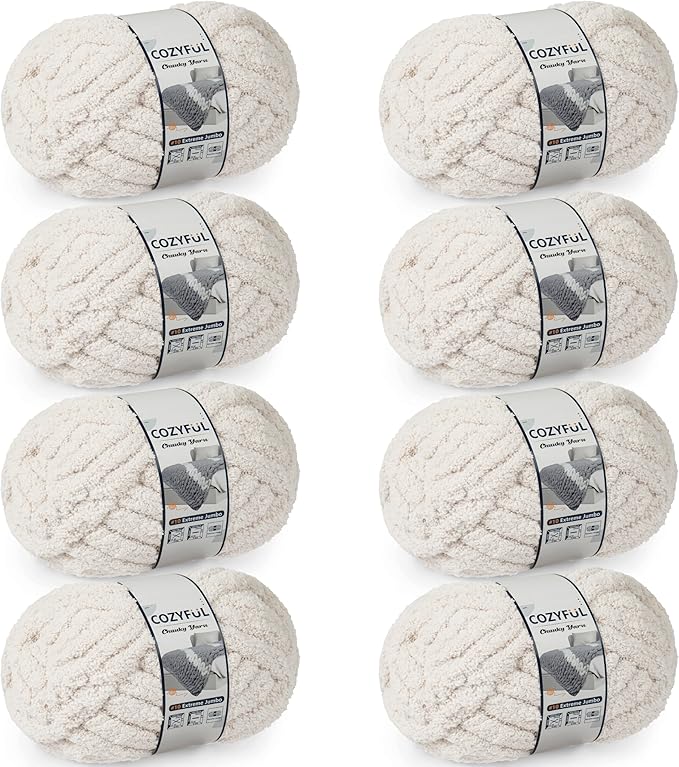 Chunky Yarn for Hand Knitting - #10 Chunky Chenille Yarn, Jumbo Big Thick Chunky Yarns for Crocheting, Super Bulky Chunky Knit Blanket Yarns, 8 Skein (25 yds 8 oz Each Skein), Beige White