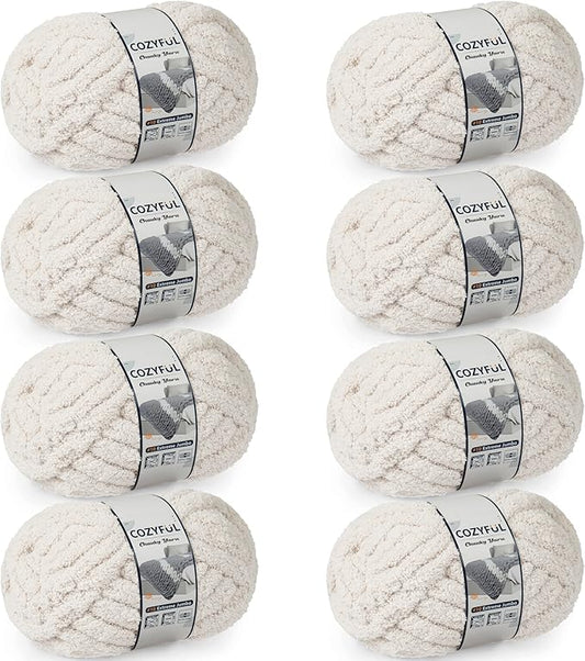 Chunky Yarn for Hand Knitting - #10 Chunky Chenille Yarn, Jumbo Big Thick Chunky Yarns for Crocheting, Super Bulky Chunky Knit Blanket Yarns, 8 Skein (25 yds 8 oz Each Skein), Beige White
