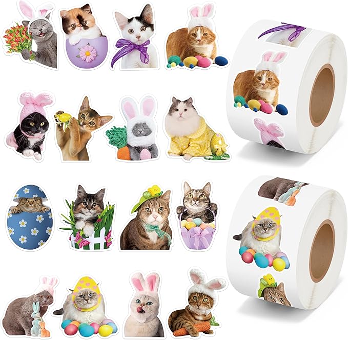 h1vojoxo easter cat sticker rolls - 1000pcs holiday cat dress up stickers for kids 16 designs funny self-adhesive stickers for easter party supplies easter eggs stickers for craft envelope cat lover