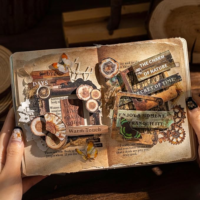 Wood Grain Embossed Sticker Card Set – 150pcs Vintage English Lettering with Warm Nature Theme for Scrapbook Journal Planner Tags DIY Craft Decoration