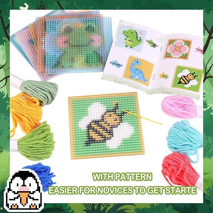 Pllieay 10-in-1 Cross Stitch Beginner Kit for Kids, Embroidery Kit Includes 10pcs Plastic Mesh Canvas with Pattern, 15 Yarns, 5 Weaving Needles, Needle Points Starter Sewing Set with Instructions