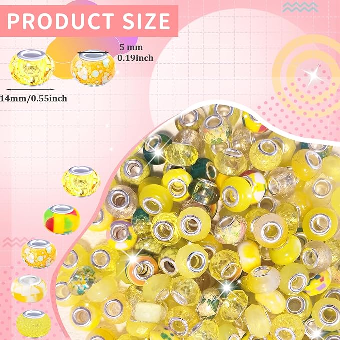 Large Hole European Beads for Pens - 100 Pieces Assorted Yellow Fairy Wand Garden Lampwork Craft Spacer Beads for DIY Charms Bracelet Necklace Decoration Jewelry Making Supplies