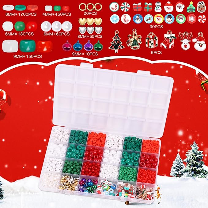 Wuollgess 2600 PCS Christmas Beads, Clay Beads Kit, Pony Beads and Glass Seed Beads for Jewelry Making, Bracelet Making Kit with Christmas Charms for Bracelets Gift Garland Decor