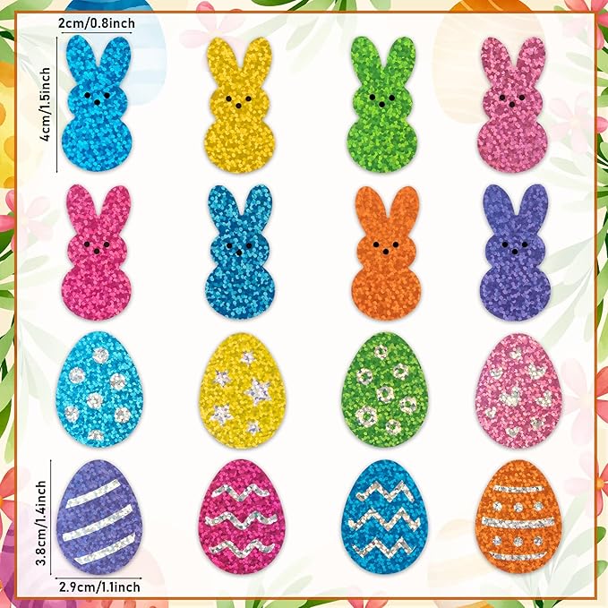 beyumi easter laser bunny sticker - 1000pcs laser bunny peeps stickers in 2 rolls holographic colorful sparkly glitter easter egg rabbit adhesive decal gift holiday party cards envelope decor for kids