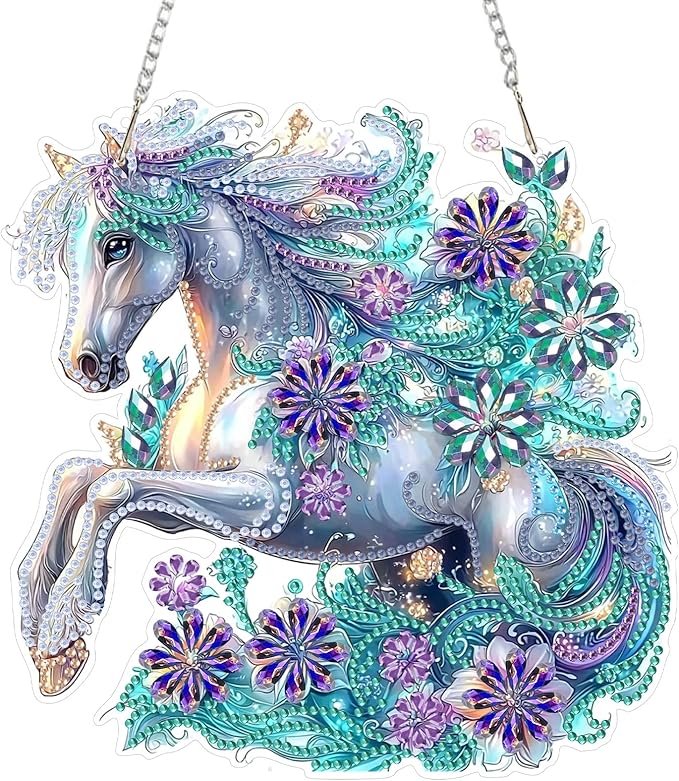 SENQAO Horse Hanging Diamond Art Painting Kits for Adults Beginners, 5D Special Shape Diamond Art Kits, Horse Flower Crystal Rhinestones Diamond Gem Art Painting for Home Garden Wall Decor