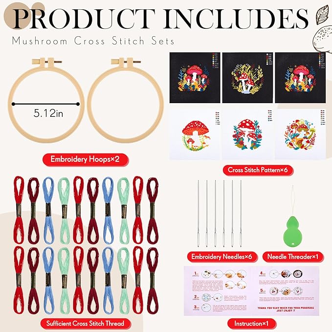 Juexica 6 Sets Mushroom Cross Stitch Kits for Beginners Mushroom DIY Embroidery Kits with Pattern and Instructions, 2 Embroidery Hoops, 6 Needles, Needle Threader, Threads Needlepoint Kits for Adults