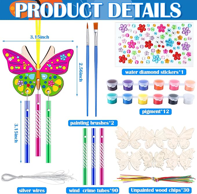 JellyArch 30 Pack Spring Butterfly Wind Chime Making Kit for Adults Make Your Own Wind Chime Butterfly DIY Wooden Crafts Ornaments for Activity Birthday Spring Summer Decoration