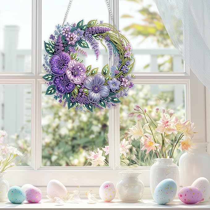 Eiflow Spring Diamond Art Hanging Kit for Adults, DIY Diamonds Painting Door Hanging Board Kit, Special Crystal Diamond Art Painting Pendant Ornament (Flower Wreath)