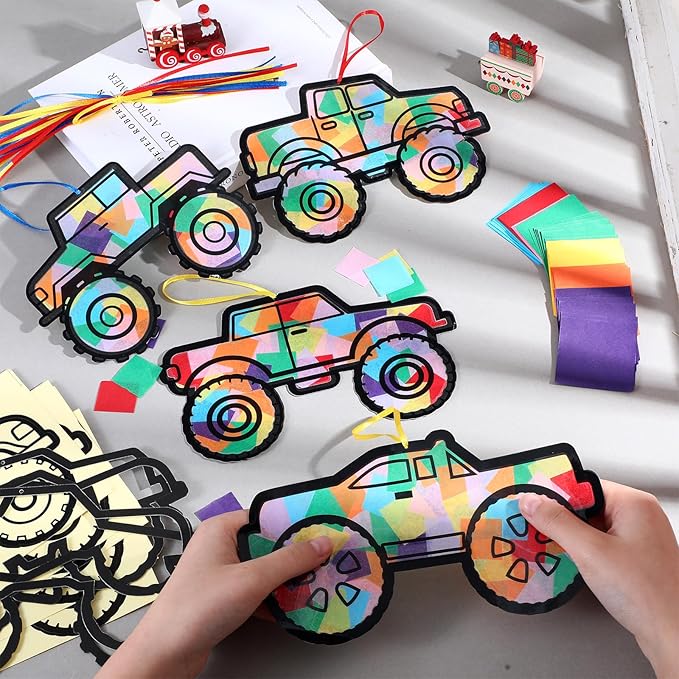 30 Pcs Monster Truck Christmas Ornaments DIY Monster Truck Suncatchers Paper Craft Set Stained Glass Effect Tissue Paper Kits Gift Bulk for Xmas Activities Art Party Decor
