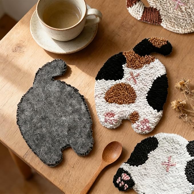 JarThenaAMCS 26 Pcs Pet Punch Needle Coaster Kits Cat Crafts Coasters Kit with Adhesive Felt Yarns Embroidery Hoop Instruction for Adults Beginners DIY Decor