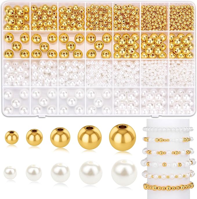 Audab Pearl Beads for Jewelry Making, 1048 Pieces Round and Gold Pearl Beads for Bracelet Making, 5 Sizes