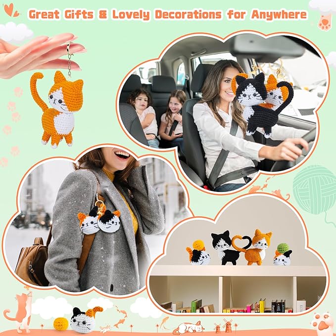 Valentine's Day Gift Cat Crochet Kit for Beginners-Crochet Kits 4PCS Cats Family Crochet Animals Kits with Step-by-Step Video Tutorials, Crochet Starter Kit Learn to Crochet Kits for Adults