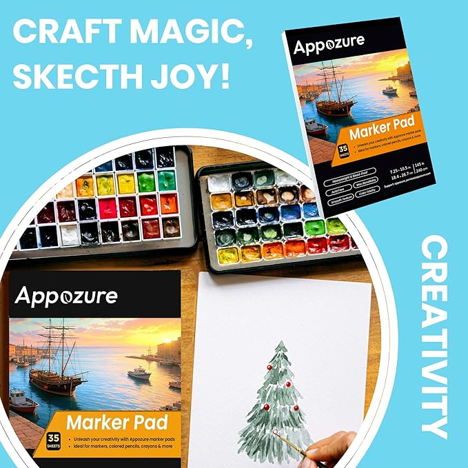 240GSM Bleedproof Sketch Pad for Markers, Acid-Free Heavyweight Smooth Drawing Papers, 7.25×10.5 Inch Glue-Bound, 35 Sheets/70 Pages, Ideal for Beginners, Artists, Kids, Adults, Dry Media, Gifts