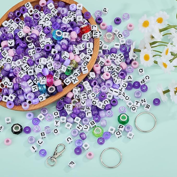BEEFLYING 750 Pcs DIY Bead Keychain Kit Key Chain Making Crafts Letter Beads Strings Adjustable Alphabet Key Ring Jewelry Backpack Accessories Holiday Party Festival Favor Gift (Purple)