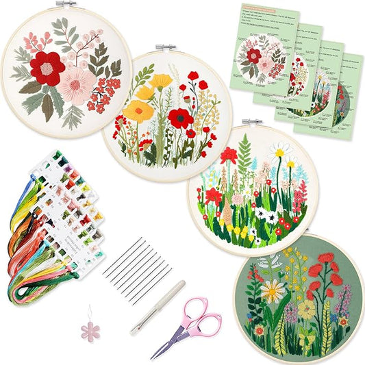 Bonroy Embroidery Kit for Beginners with Instructions,Cross Stitch Kits for Adults with Pattern,Needlepoint Kits for Adult Include Embroidery Cloth Hoops Needles Threads (flowers5)
