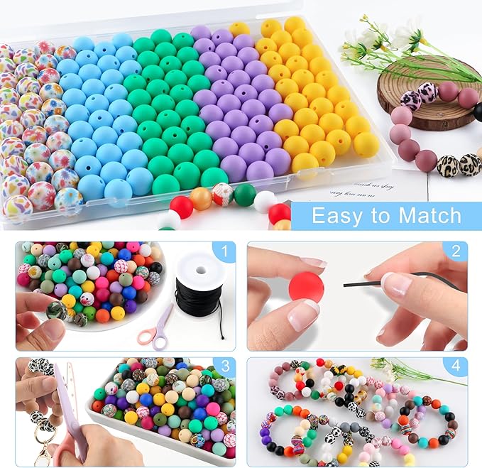 150Pcs Mixed Color 15mm Silicone Beads for Keychain Making, Blue Purple Flower Print Silicone Beads for Pens and Bracelet Jewelry Making
