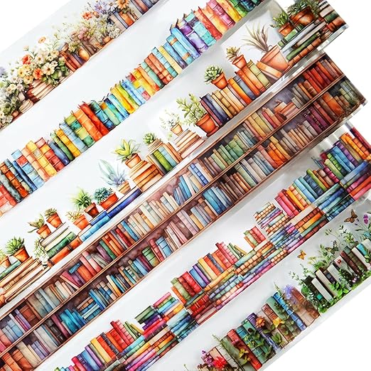 Book-Themed PET Tape Set, 6 Rolls of Library and Nature-Inspired Stickers for Scrapbooking, Journaling, DIY Crafts, and Gift Wrapping