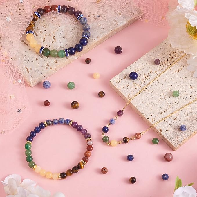 140 Pcs 7 Chakra Natural Stone Beads Round Beads Color DIY Smooth Stone Bead Kit Crystal Energy Healing Bulk Bead Charm for Jewelry Making Bracelet Necklace Earrings (8MM, 7 Chakra Stone)