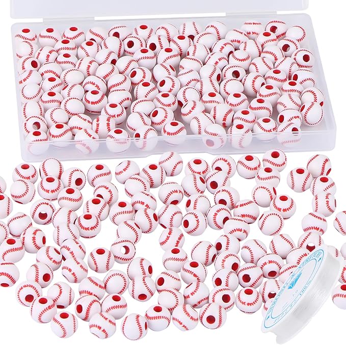 100pcs Baseball Beads with 5.5 Yard Elastic Rope,Acrylic Softball Beads Sports Bead DIY Spacer for Necklace Bracelet Keychains Handmade Jewelry Making Accessories Craft Supplies,12mm(White)