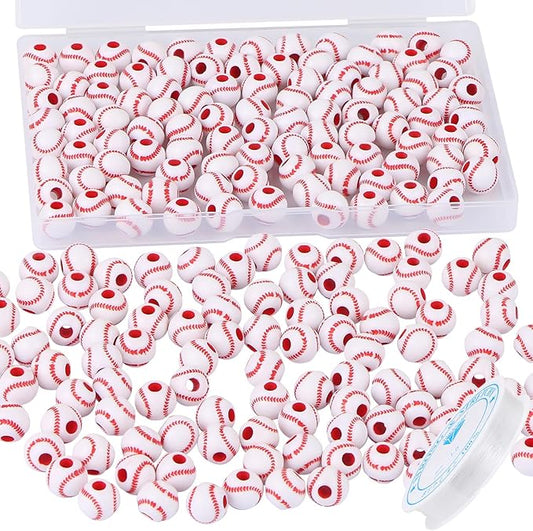 100pcs Baseball Beads with 5.5 Yard Elastic Rope,Acrylic Softball Beads Sports Bead DIY Spacer for Necklace Bracelet Keychains Handmade Jewelry Making Accessories Craft Supplies,12mm(White)