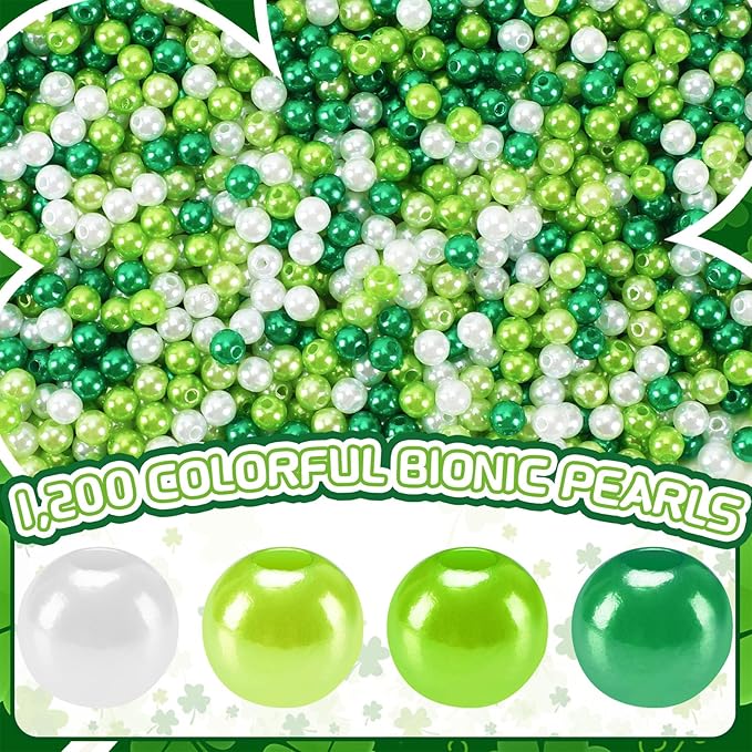 UPINS 1200Pcs St. Patrick's Day Green Pearl Beads,Irish Beads for Jewelry Making Party Decoration Necklace Bracelets Earrings Hair Beads DIY Crafts Supplies (4 Colors)