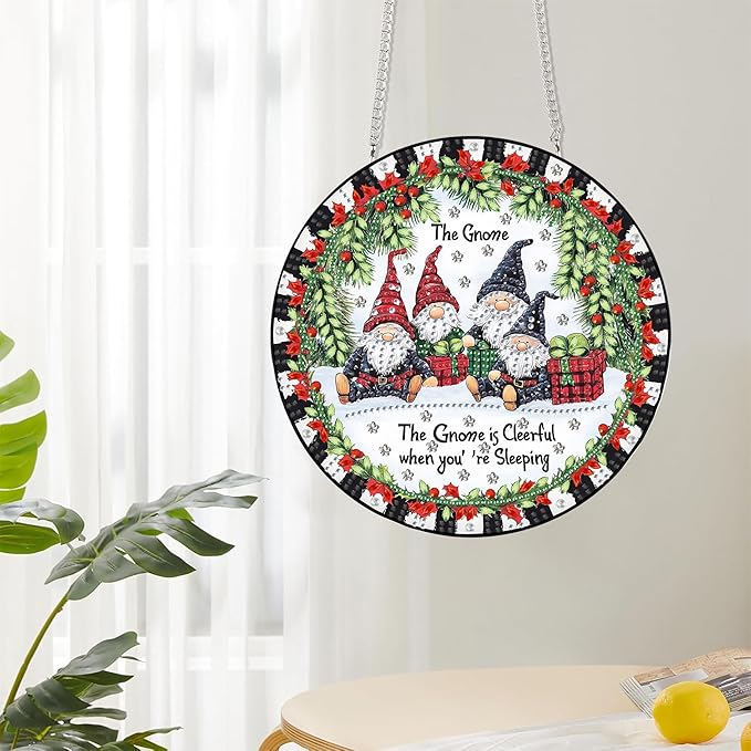 Reofrey Hanging Diamond Art Kits for Adults - 8x8 Inch Christmas Gnome Acrylic Board Double Sided Pattern Diamond Art Suncatcher Pendant, Crystal Art for Home Wall or Window Decoration Handmade Gift