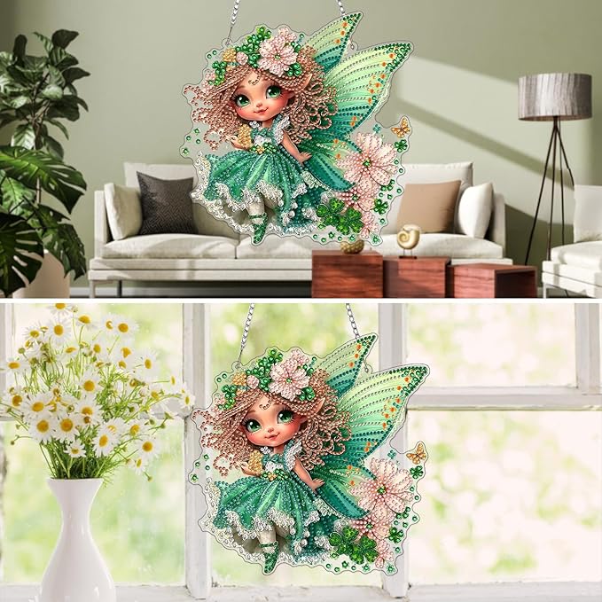 MXJSUA St. Patrick's Day Fairy Special Shaped Hanging Diamond Painting Art Kits for Adults, Crystal Rhinestone Acrylic Gem Art Pendant Ornaments Kit for Home Decor and Gift 7.87 * 7.87 Inch