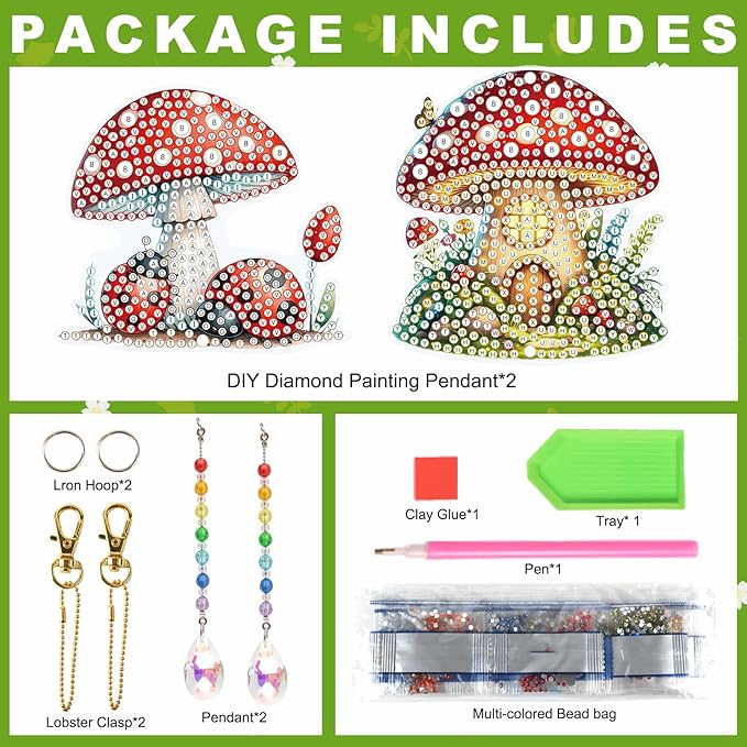 LazyFold 2 Pcs Diamond Painting Wind Chime Kits,Red Mushroom DIY Diamond Art Painting Wind Chime Kits Crystal Art Suncatchers for Adults Home Garden Window Craft Gift