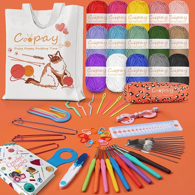 coopay crochet kit beginners crochet starter kit with 15 colors yarn, 71pcs crochet beginners set crochet kit for adults, cat canvas tote bag full crochet accessories & instructions