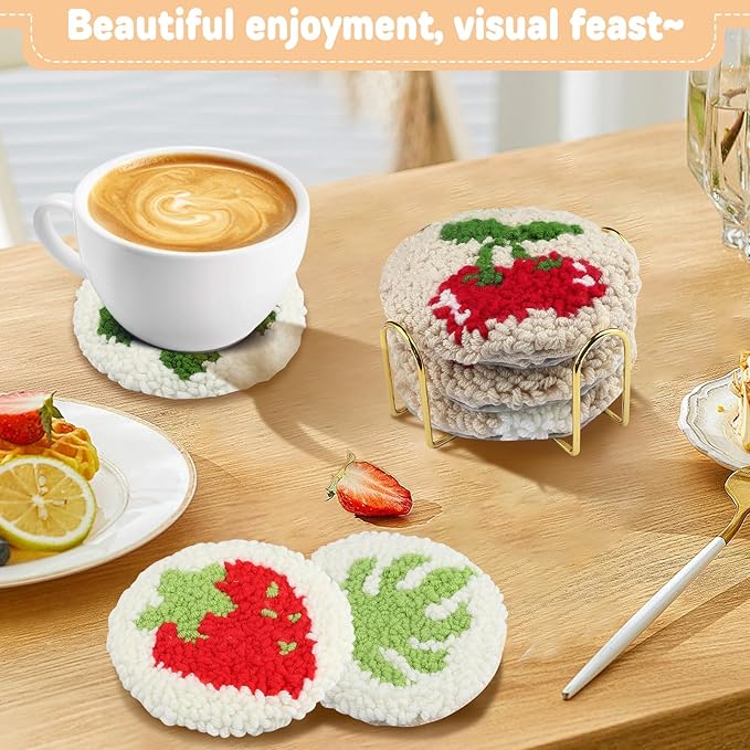 AIRDEA Punch Needle Drink Coasters Kit,Casual Punch Needle Embroidery Complete Kits for Beginner 3.29x3.29 Inches,Included All Accessories,DIY Car Coasters (Beige)