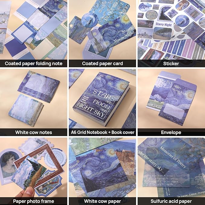 Van Gogh Scrapbook Photo Album Supplies Kit with Tweezers and Glue Tape, Aesthetic Vintage Junk Journal Scrapbooking Paper, Sticker Pack, Notebook Craft Supplies, DIY Gift for Adult Men (Oil Painting)