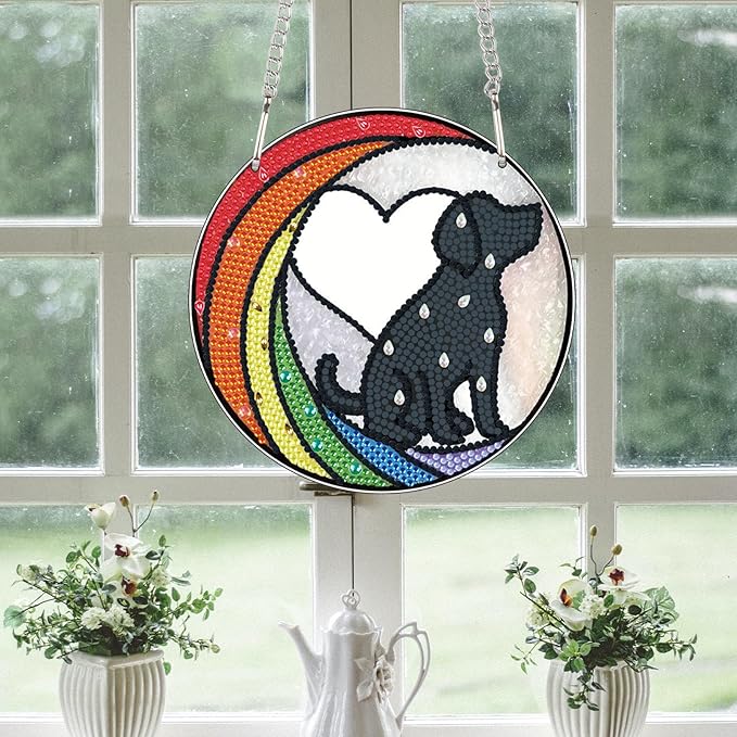 DIY Diamond Painting Sun Catcher Hanging Sign Dog, Pet Memorial Diamond Art Window Ornament Kit for Adults, Colorful Gem Art Craft Kit for Home Wall or Door Decoration