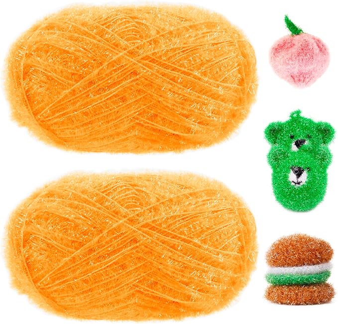 JeogYong Scrubby Yarn 2 Skeins (2 x 100g, 2 x 218yd) Scrubby Sparkle Yarn, Fluffy Polyester Scrubbie Crochet String for Crocheting Knitting Dishcloths Washcloths DIY Projects