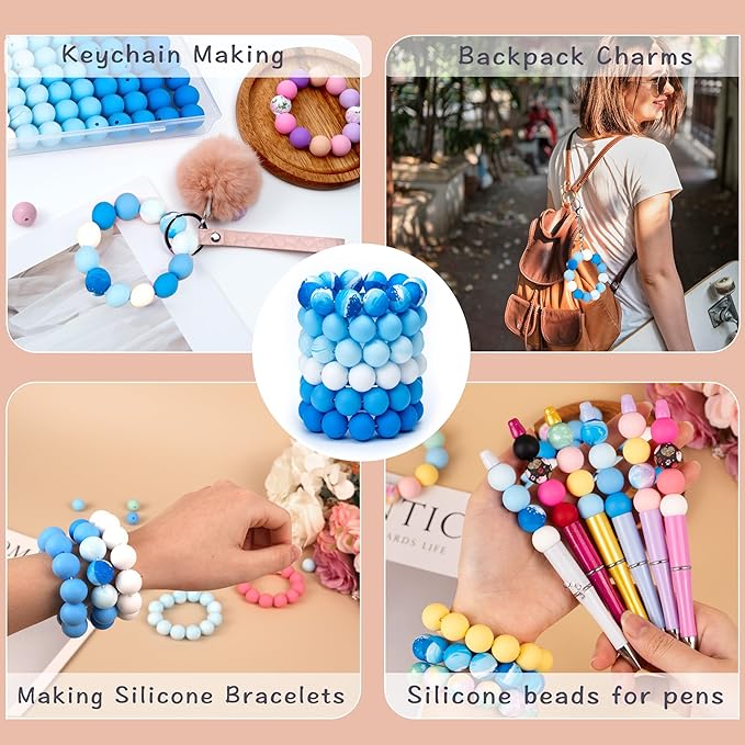 120 Pcs 15mm Silicone Beads for Keychain Making Bracelets Blue White 6 Colors Silicone Round Beads Bulk for Crafts Pens Supplies