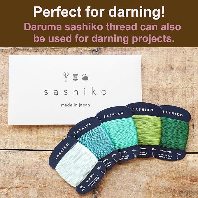 DARUMA Sashiko Thread 100% Cotton Card Type (43.7 yd) x 5 Colors with English Manual, Sewing & Embroidery Value Set with Gift Package(Thin, Komorebi)