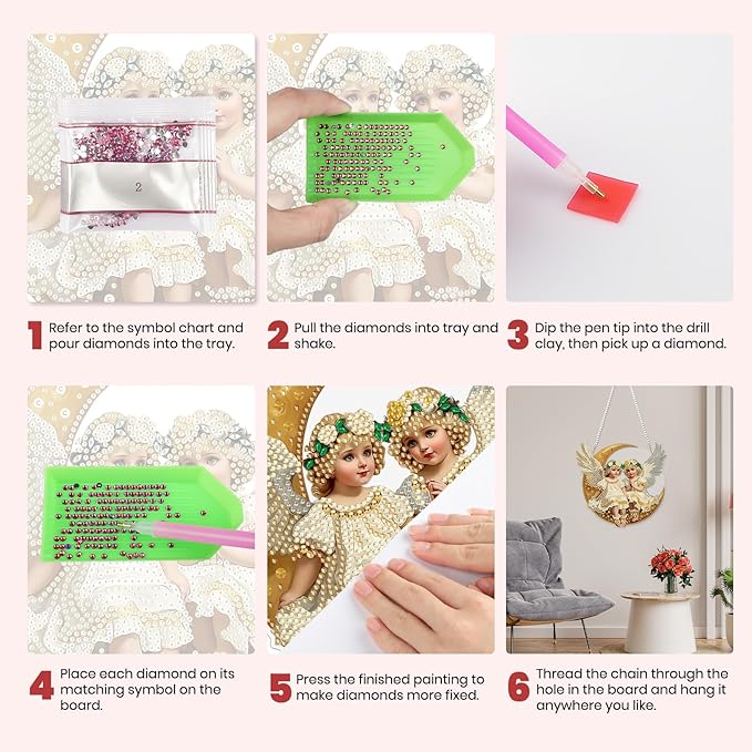 MXJSUA Moon Beautiful Angels Diamond Art Hanging Kits for Adults Beginners, Crystal Diamond Suncatchers, Special Shape Diamond Painting Pendant Window Ornament Gifts for Home Garden Door Wall Decor