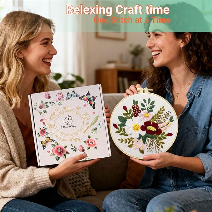 bonroy 4 sets embroidery set for beginners art crafts easy sewing includes embroidery clothes with pattern, hoop, instruction manual, color stitch set (assorted 1)