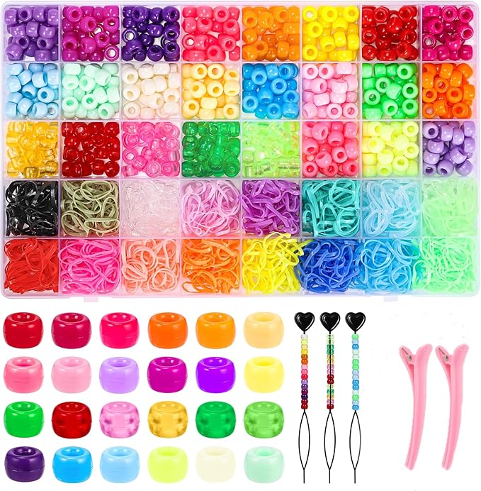 obeoby 9x6mm Bulk Pony Beads for Braids, 2005 Pcs Hair Beads Kit for Braids Friendship Bracelet Making for Classmates Mothers Day Gifts for Mom Daughter
