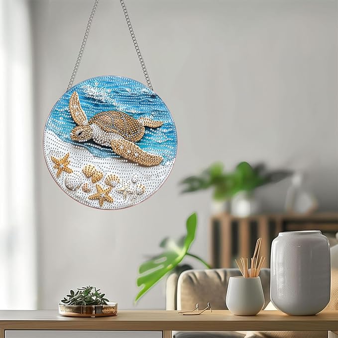 Bimkole Turtle Diamond Art Hanging Kit for Adult, DIY 5D Diamond Art Butterflies Window Pendant, Acrylic Crystal Art Hanging Ornament Home Wall Garden Front Door Sign Outdoor Decor 7.8x7.8 Inch