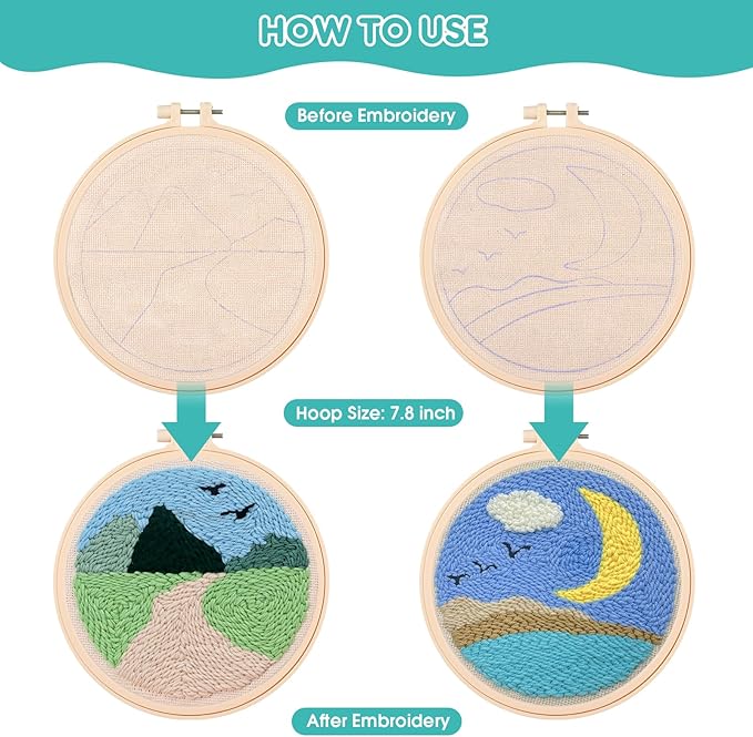 Zuaooz 3 Sets Punch Needle Kits,Leaf Path Moon Punch Embroidery Kits for Adults Beginner, Tool with Punch Needle Fabric, Hoops, Yarns and Sewing Needles