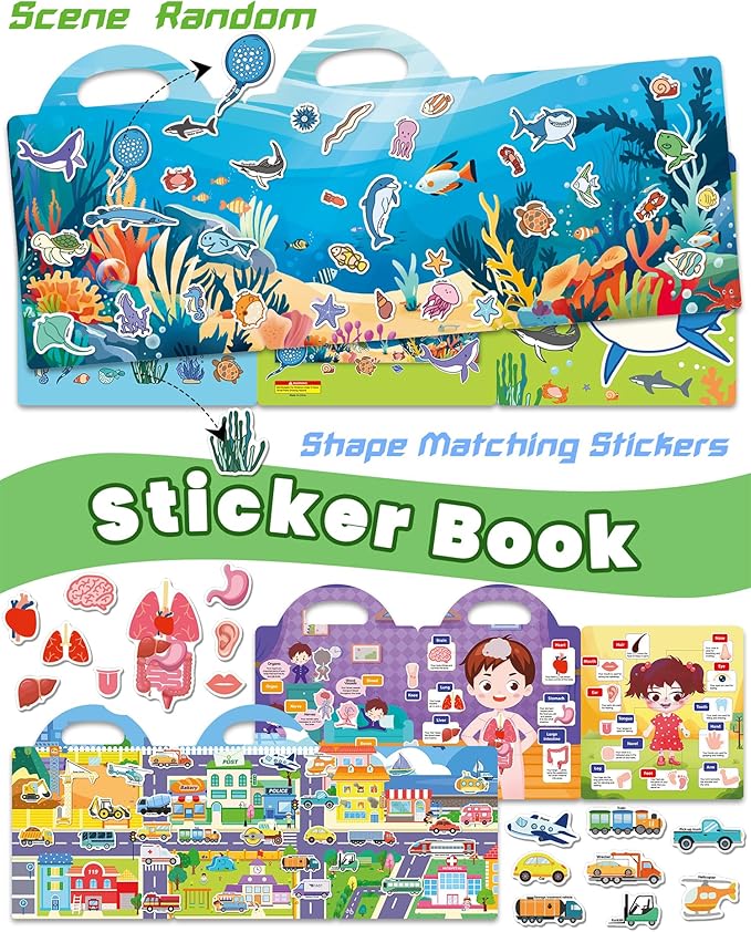 walenced reusable sticker book for toddlers, stickers for kids, toddler sticker book, toddler craft activities, toddler travel toys ages 3 and up boy girl birthday gifts