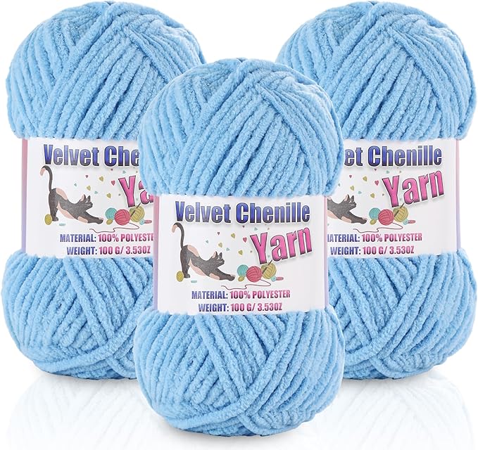 3 * 100g/3.5oz Fluffy Chenille Yarn for Crocheting, Chunky Velvet Yarn for Crochet Amigurumi, Used for Making Baby Yarns Blanket, Clothes, Pattern Knitting Creations (Bule)