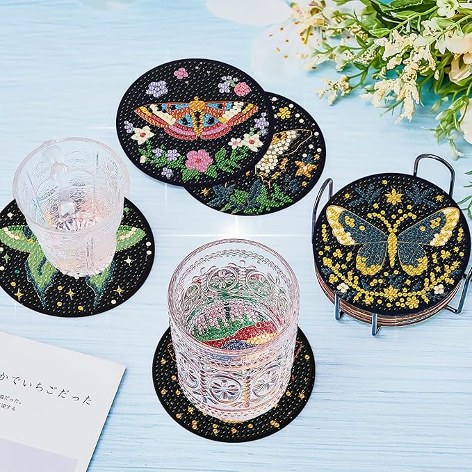8 Pcs Diamond Art Coasters Kit with Holder, DIY Butterfly Diamond Painting Coasters for Beginners Adults, Non Slip Diamond Art Kits Craft Supplies 4x4inch
